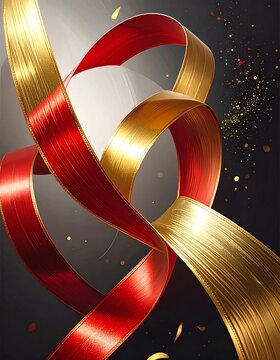 Elegant Red and Gold Ribbons Twisting with Glittering Confetti