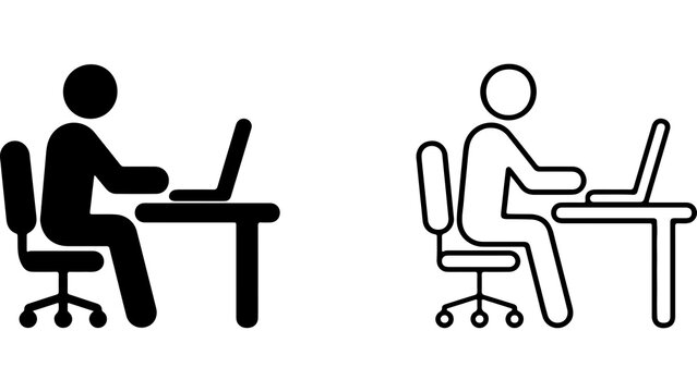 Person Working on Laptop Icon Set in Silhouette and Outline Style