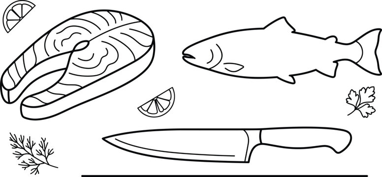 Salmon fish steak vector icon set with chef knife lemon slice and herbs for seafood restaurant cooking