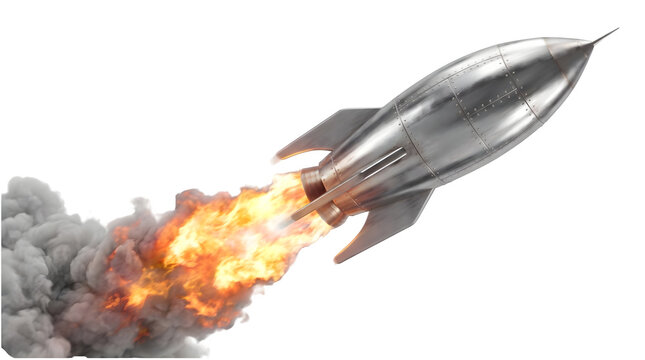 Silver rocket ship launching with fire and smoke isolated on transparent background