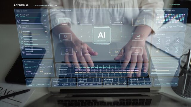 A person types on a laptop. Multiple AI agents share context and divide complex tasks, coordinating research, planning and execution within a connected automation workflow.
