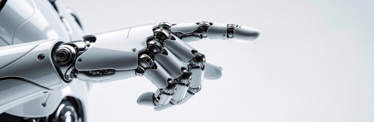 Obraz premium Futuristic robotic hand points forward with white metallic armor. Cybernetic bionic arm shows intricate mechanical parts, complex engineering. High tech artificial intelligence android limb performs