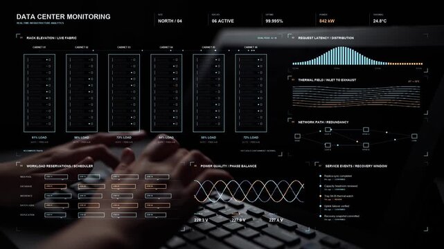 Work continues on a laptop. Infrastructure operations track thermal conditions, airflow and workload distribution, linking data center capacity with power use and service continuity.