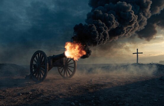 A vintage historical cannon firing on a desolate battlefield with a distant wooden cross