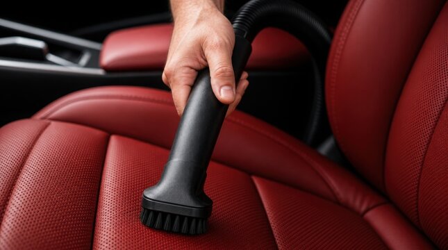 A person uses a vacuum cleaner attachment to clean the red leather seat of a car interior.