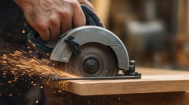 A person uses a circular saw to cut wood, producing sparks as the blade spins rapidly.