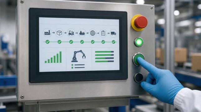 A gloved hand presses a green button on an industrial touchscreen control panel displaying automated manufacturing process data.