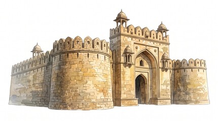 Obraz premium watercolor illustration of historic mughal fort gate red fort
