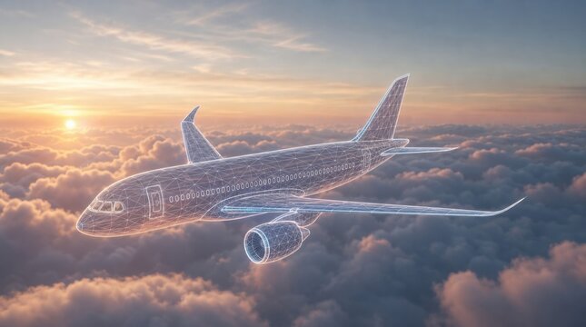 A digital wireframe model of a commercial airplane flying above clouds during sunset, blending technology with aviation in a serene sky.