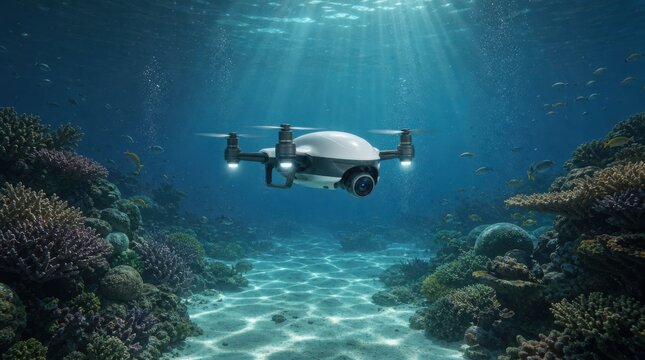 A compact underwater drone explores a vibrant coral reef, capturing marine life beneath sunlit ocean waters.