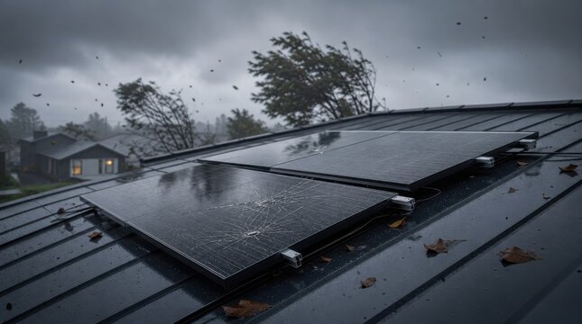 Solar panels on a roof during stormy weather with strong wind and rain, surrounded by falling leaves and dark clouds.