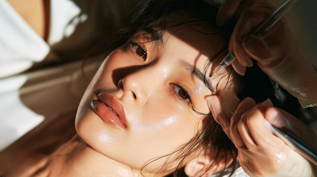 Close-up of a young woman undergoing permanent makeup treatment