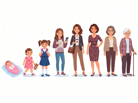 Woman life stages illustration showing growth from baby to elderly
