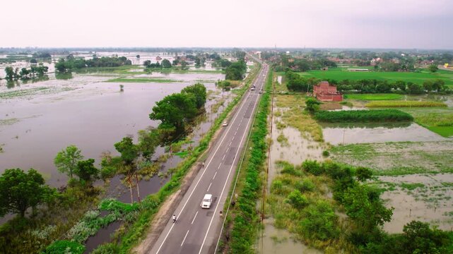 Aerial view of flooded rural highway in Farrukhabad Uttar Pradesh India