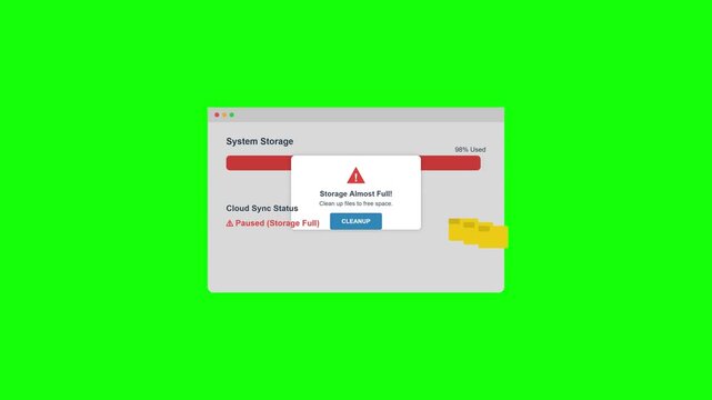 System Storage Full Warning Alert and Cloud Sync Optimization Animation on Green Screen Background.