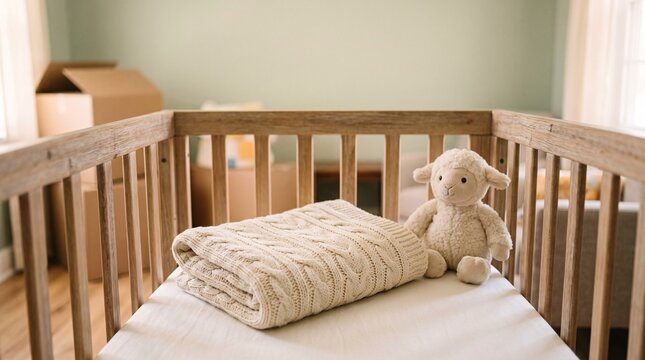 A small teddy bear and folded baby blanket inside a wooden crib before moving to a new home