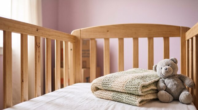 A small teddy bear and folded baby blanket inside a wooden crib before moving to a new home