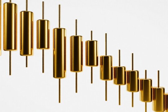 Golden Japanese candlestick chart shows market trends on white background. Shiny 3D gold bars represent financial stock data, trading prices, investment growth. Pro business graphic forex market