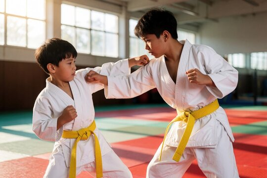 Two young asia male students practice martial arts indoors. Older boy teaches younger child basic self defense moves on a mat. They wear white gi and yellow belts during intense training.