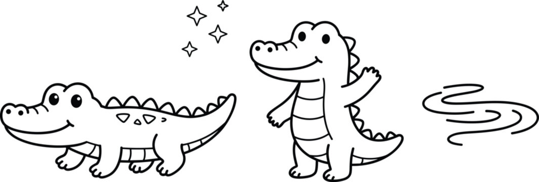 Cute crocodile vector set with smiling alligator characters waving hand stars and water ripples line art collection