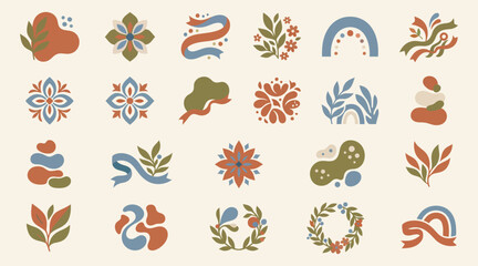 Obraz premium Set of boho style abstract shapes and floral elements with leaves and rainbows in muted earth tones for modern design projects