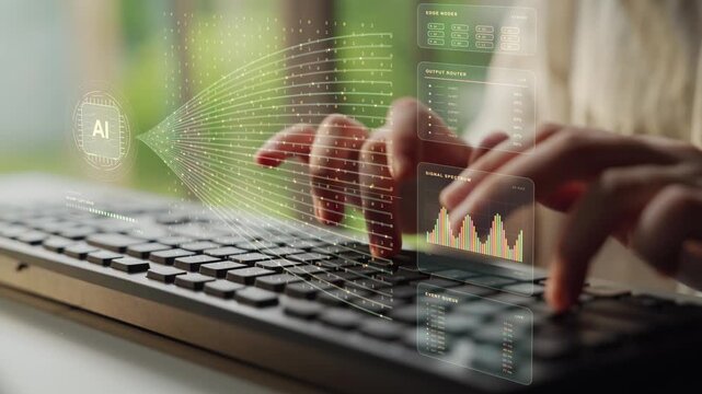Hands type on a keyboard. Data moves between an AI chip and connected nodes while routing and event activity are monitored, linking inference hardware with network communication.
