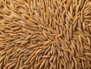 Obraz premium Macro view of dry cumin seeds. Brown aromatic spice pile creates textured background for cooking. Organic herbal seasoning texture covers entire frame. Culinary ingredient for indian food,