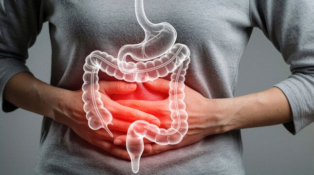 Young woman feels intense stomach pain. Holds abdomen with hands due to digestive issues. Red glowing area shows inflammation in intestines, gut. Medical concept of abdominal ache, colon problems,