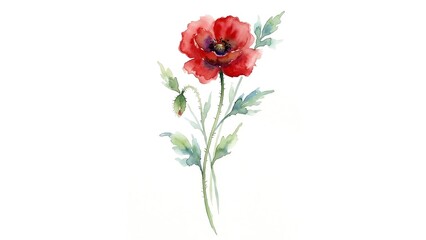 Obraz premium Red Poppy Flower Watercolor Illustration on Clean White Background
