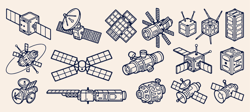 Communication satellites with solar panels doodle, deep space orbital probe line art, telecommunication satellite dish drawing, planetary space telescope camera graphic, cosmos aerospace technology il