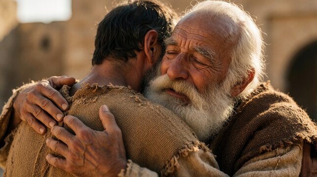 Elderly man with white beard hugs adult son tightly. Emotional reunion between father, returning child shows forgiveness, love. Men wear tattered ancient clothes in biblical style. Heartfelt family