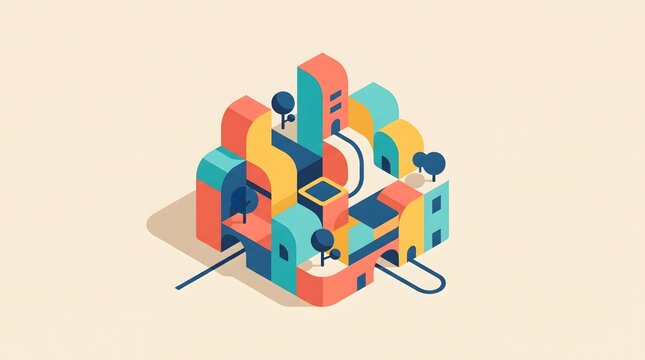 Minimalist abstract illustration of colorful geometric buildings forming a three dimensional city puzzle, with a few trees and simple curved roads for World Cities Day.