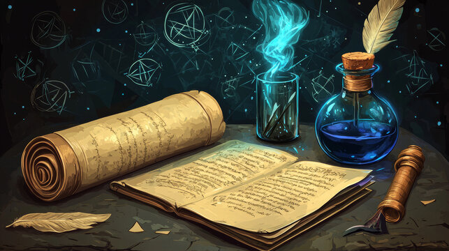 Parchment scrolls and ancient spell book set isolated on background. Contemporary vector cartoon illustration of ancient papyrus sheets with mysterious symbols, ink and feather on glass bottle