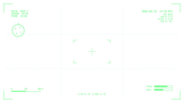 Green reconnaissance camera overlay with grid, scale bar and timestamp on transparent background
