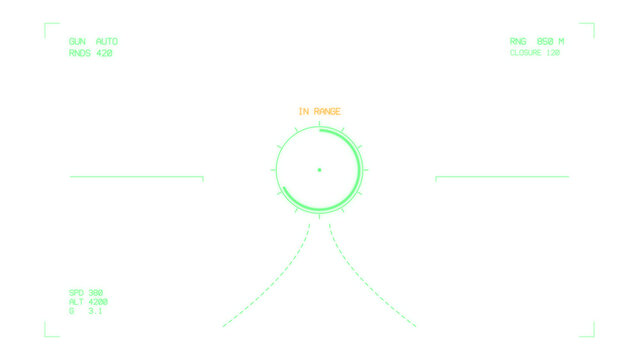 Green gunsight overlay with ranging ring, pipper and bullet funnel on transparent background