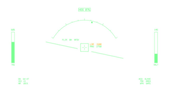 Green helicopter FLIR display with bank angle, horizon and laser designator on transparent background