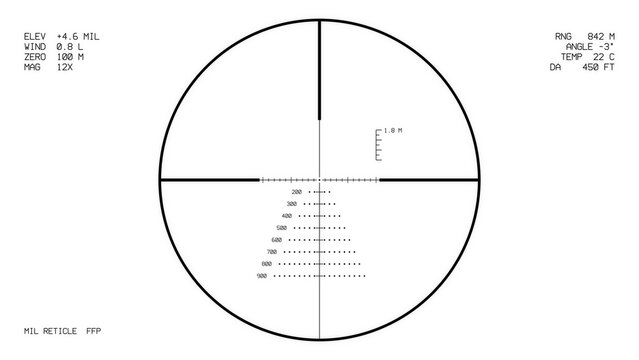 Black sniper scope reticle overlay with ballistic drop marks on transparent background
