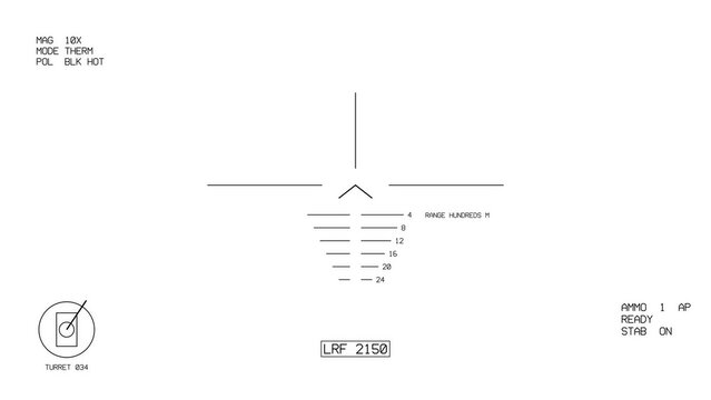 Black tank gunner sight overlay with chevron and range lines on transparent background