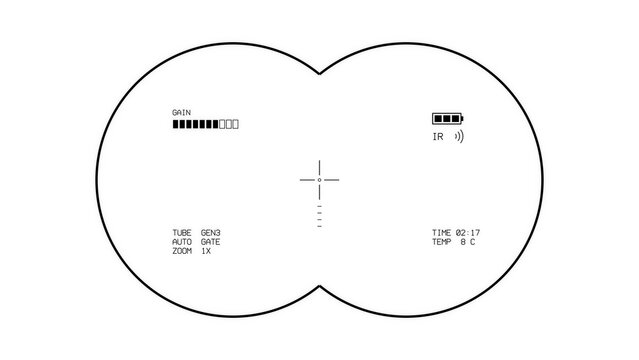 Black night vision binocular view overlay with reticle and gain bar on transparent background