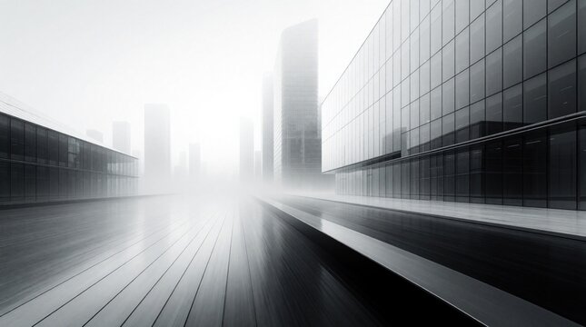 Black and white photo view of a wide street passing modern glass skyscrapers in fog. Buildings reflect light on wet pavement suggesting a busy urban area.