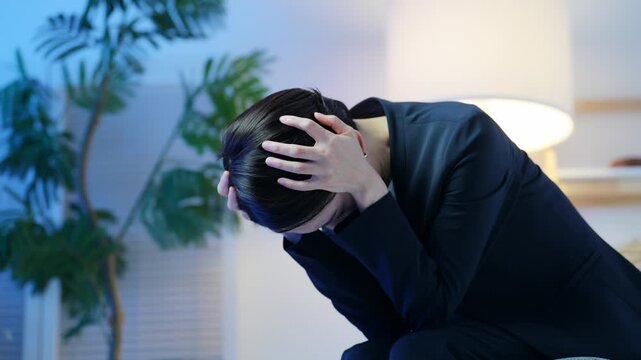 A depressed female business person. Stress, worries, anxieties, troubles, gloom, fatigue, loneliness, hardship.