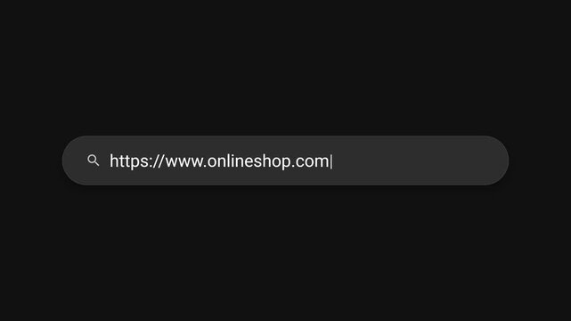 Modern dark mode web browser search bar typing [https://www.onlineshop.com](https://www.onlineshop.com) text animation