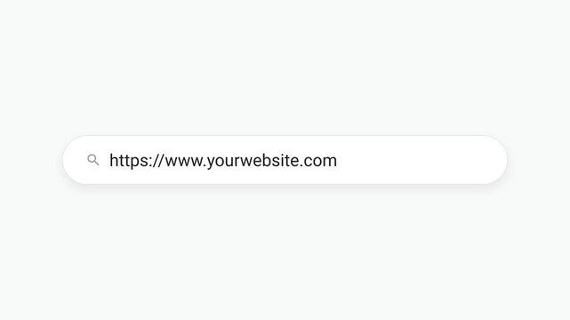 Clean light mode web browser search bar typing [https://www.yourwebsite.com](https://www.yourwebsite.com) text animation