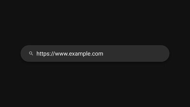Modern dark mode web browser search bar typing [https://www.example.com](https://www.example.com) text animation
