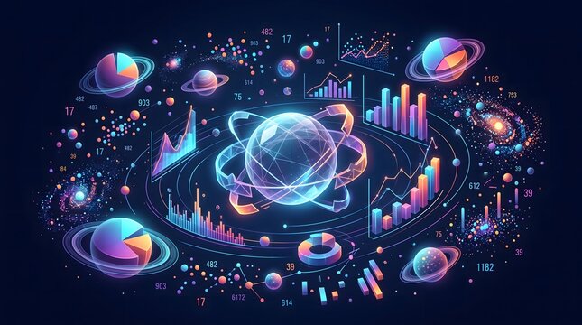 Generative AI surreal digital illustration of a miniature universe made from numbers, charts, graphs, data points and colorful statistical elements.