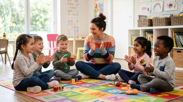 Teacher claps with preschool children sitting in a circle on an alphabet play mat, smiling and playing with wooden blocks and toys in a bright classroom