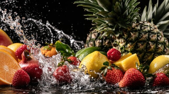 Assorted fresh fruits splashing in water against a dark background