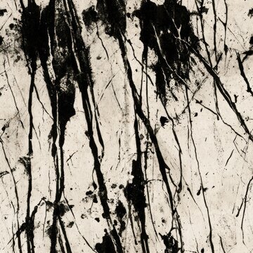Abstract black ink splatters and drips on textured white paper background