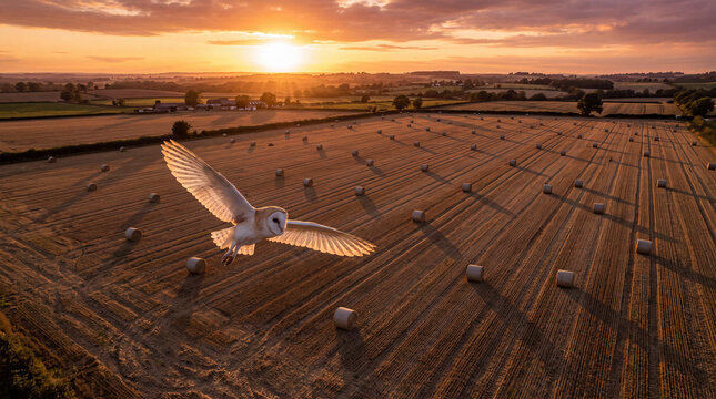 White owl flying low over harvested farm field at golden sunset