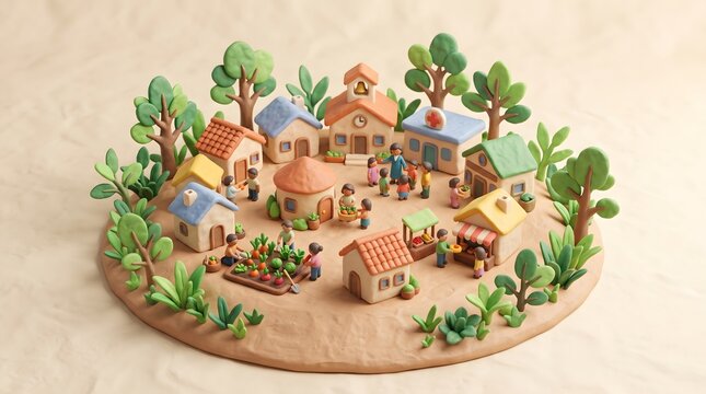 Generative AI clay style 3D illustration of a colorful village with homes, school, clinic and community garden, symbolizing development, cooperation and poverty reduction.